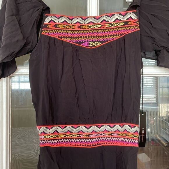 BCBG maxazaria embrodiered black Aztec print asymmetrical summer dress - Picture 3 of 10